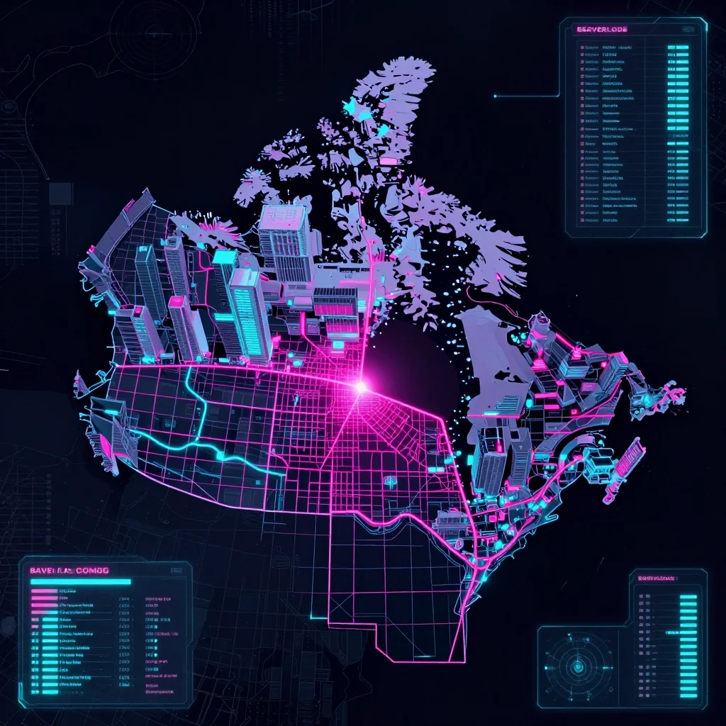Cyberpunk style digital map of Beaverlodge, Canada with neon grid lines and futuristic UI design