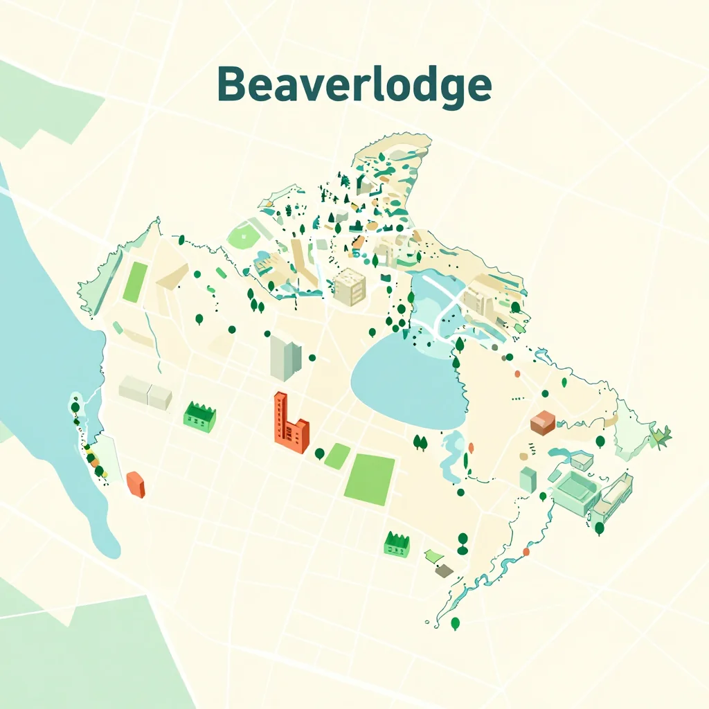 Isometric flat design tourist map of Beaverlodge, Canada showing landmarks, attractions, and points of interest
