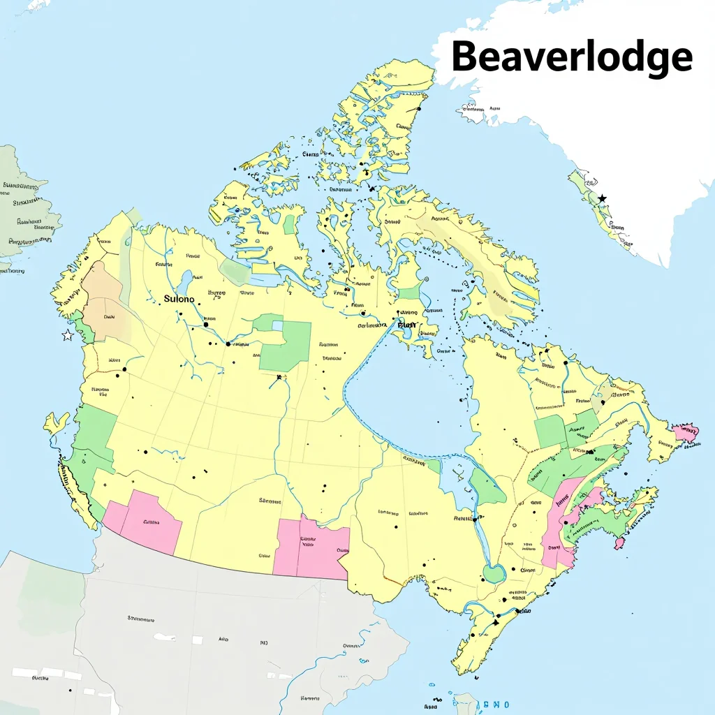 Political map showing borders, administrative divisions, major cities, and capital of Beaverlodge, Canada