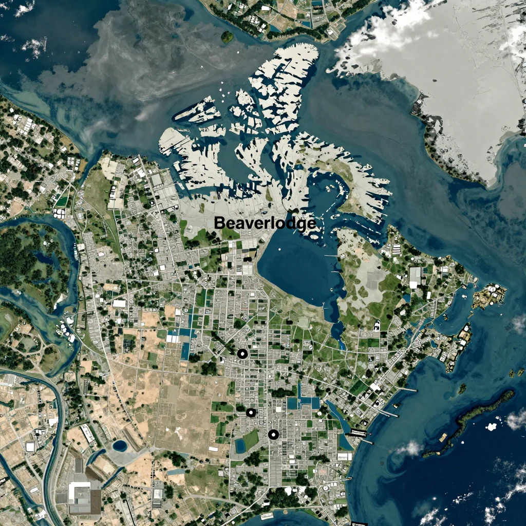 High-resolution satellite image of Beaverlodge, Canada showing land cover, urban areas, and natural features from space