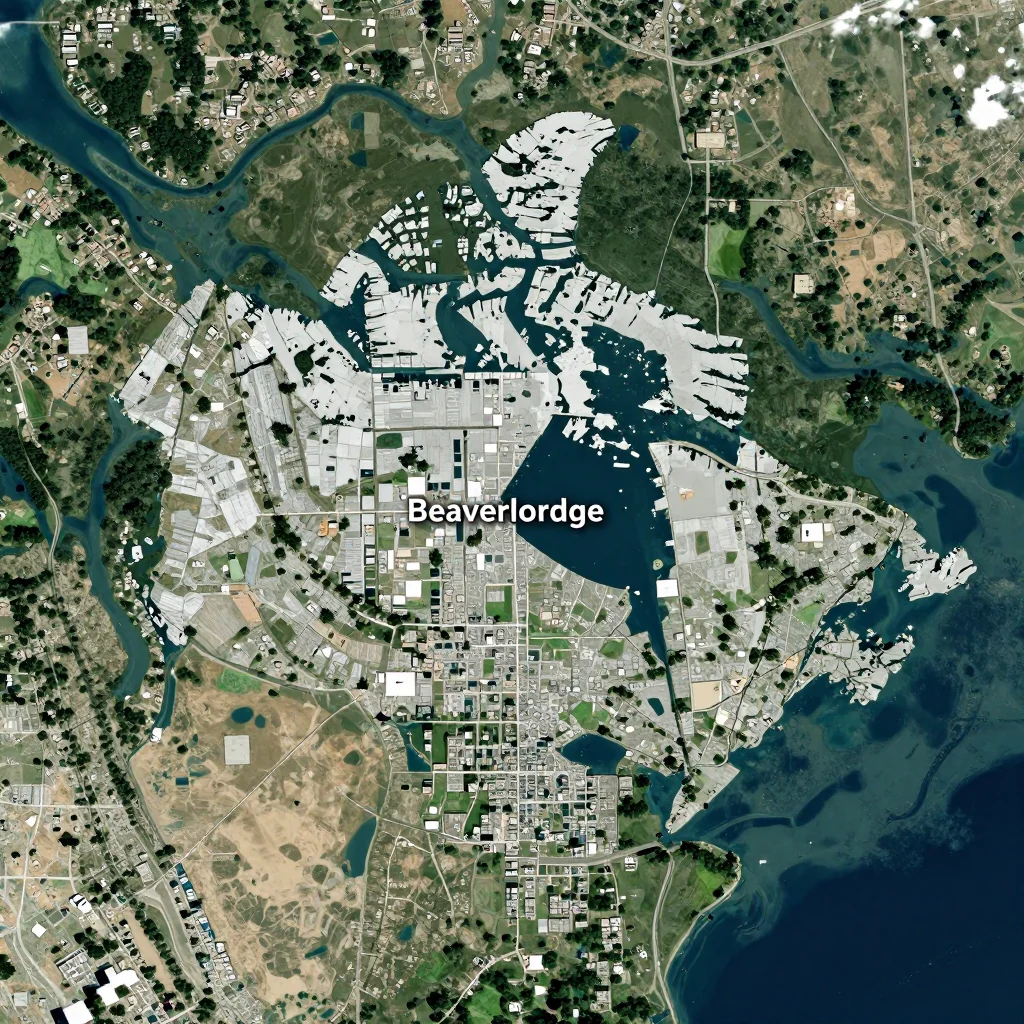 High-resolution satellite image of Beaverlodge, Canada showing land cover, urban areas, and natural features from space