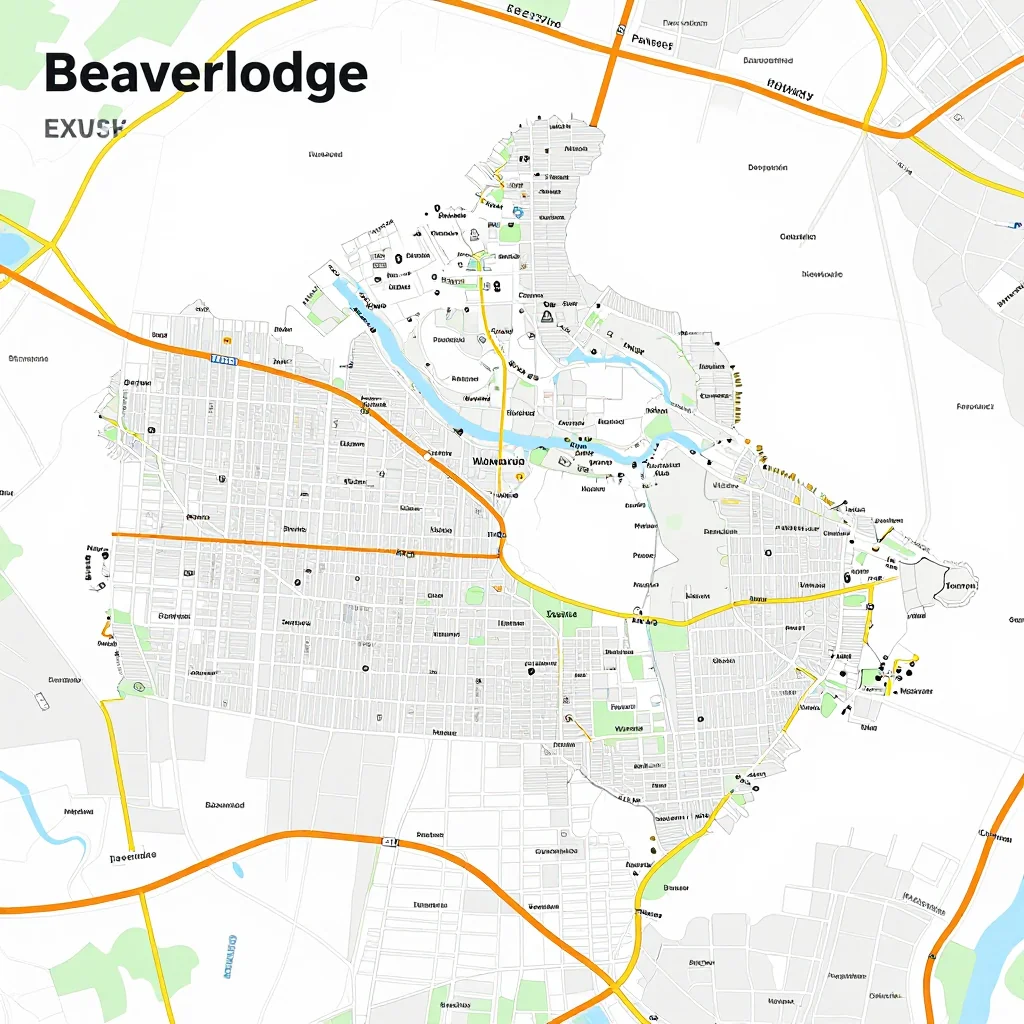 Detailed street map showing roads, highways, neighborhoods, and urban layout of Beaverlodge, Canada