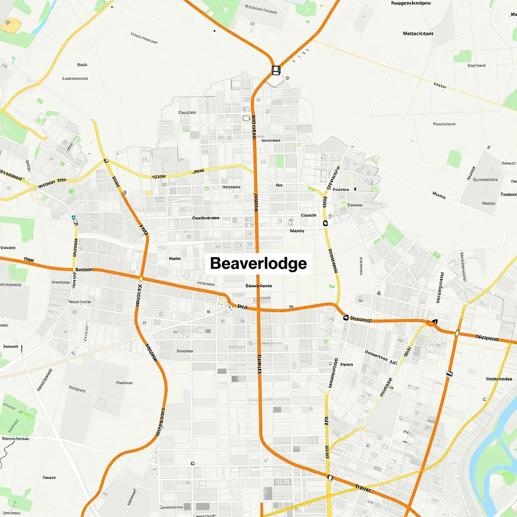 Detailed street map showing roads, highways, neighborhoods, and urban layout of Beaverlodge, Canada