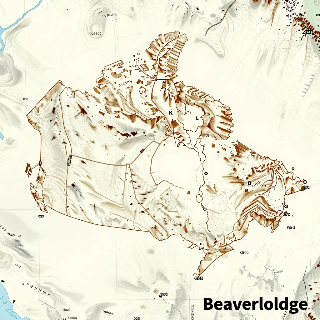 3D topographic map showing elevation contours, mountain ranges, and terrain features of Beaverlodge, Canada