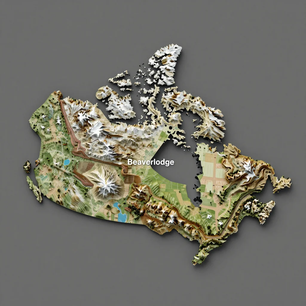 Isometric 3D topographic visualization showing elevation and terrain of Beaverlodge, Canada