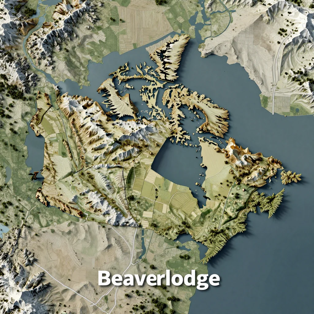 Isometric 3D topographic visualization showing elevation and terrain of Beaverlodge, Canada