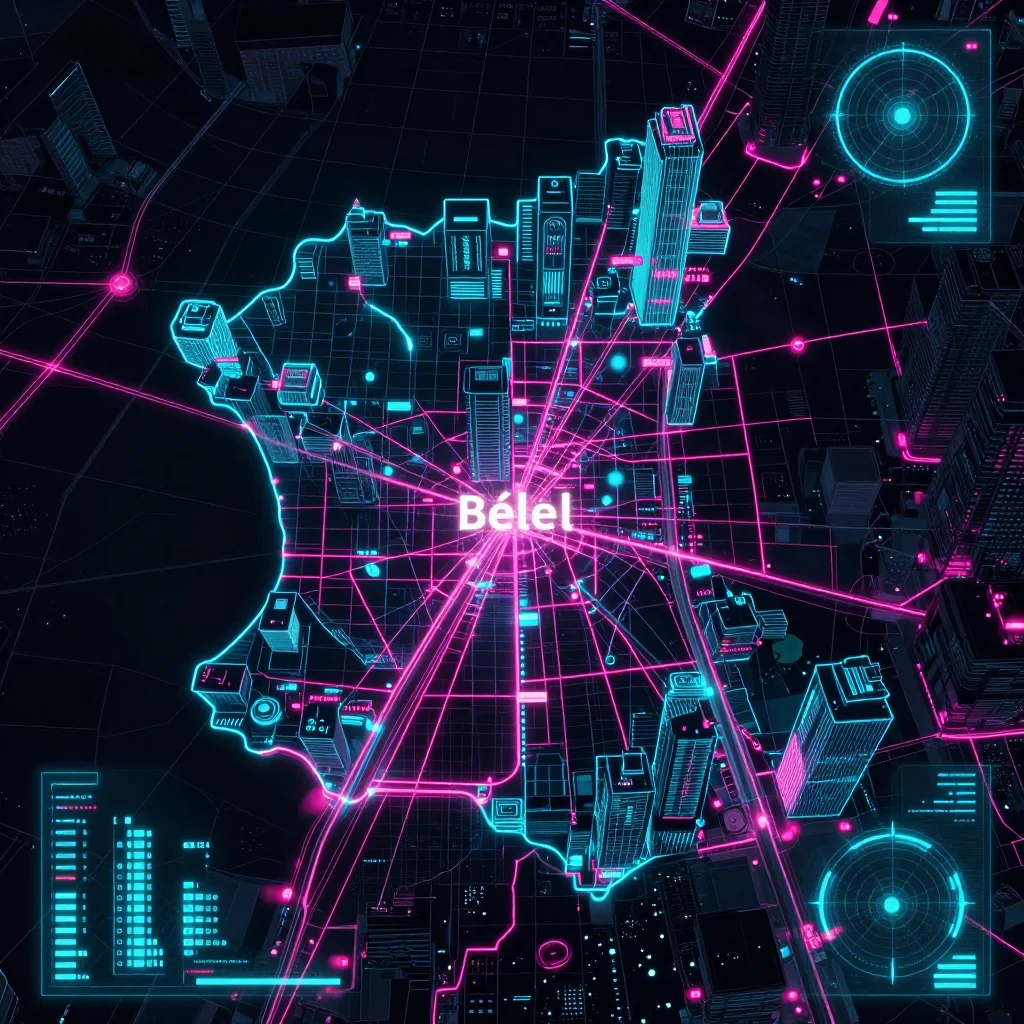 Cyberpunk style digital map of Bélel, Cameroon with neon grid lines and futuristic UI design