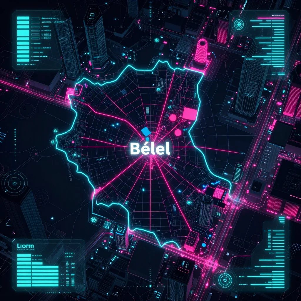 Cyberpunk style digital map of Bélel, Cameroon with neon grid lines and futuristic UI design