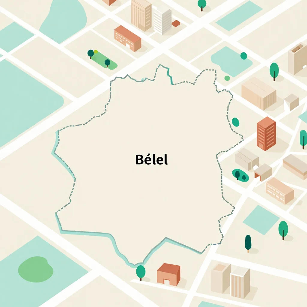 Isometric flat design tourist map of Bélel, Cameroon showing landmarks, attractions, and points of interest