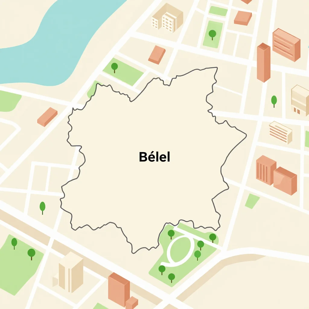 Isometric flat design tourist map of Bélel, Cameroon showing landmarks, attractions, and points of interest