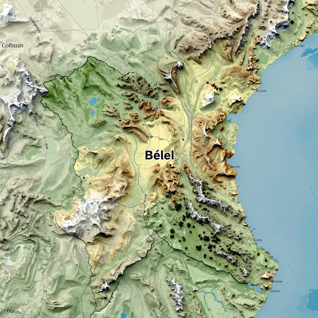 Physical geography map showing terrain, mountains, rivers, and natural features of Bélel, Cameroon
