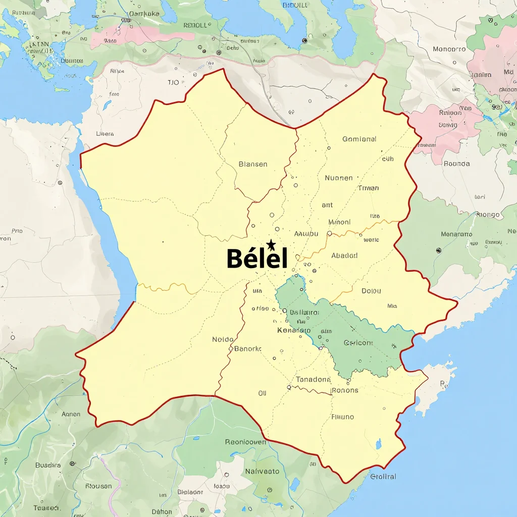 Political map showing borders, administrative divisions, major cities, and capital of Bélel, Cameroon