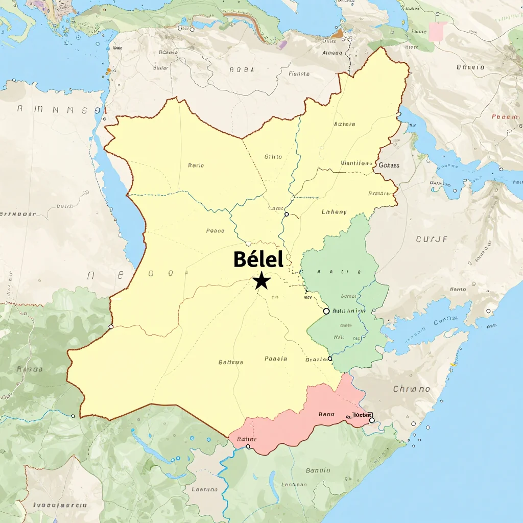 Political map showing borders, administrative divisions, major cities, and capital of Bélel, Cameroon