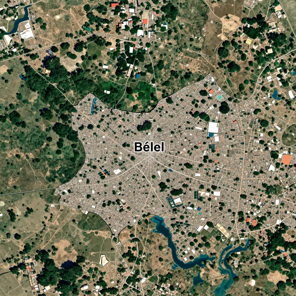 High-resolution satellite image of Bélel, Cameroon showing land cover, urban areas, and natural features from space