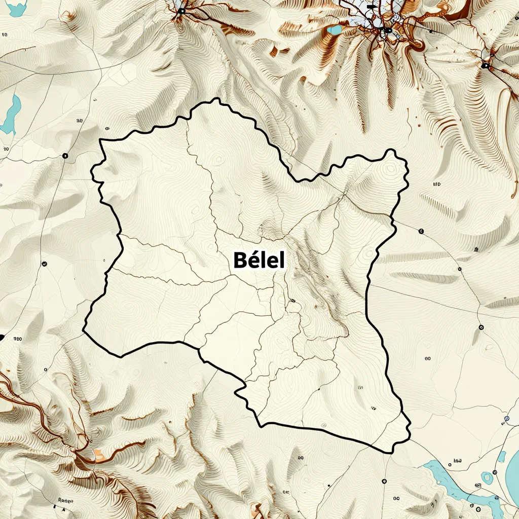3D topographic map showing elevation contours, mountain ranges, and terrain features of Bélel, Cameroon
