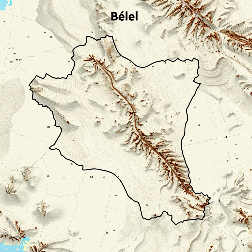 3D topographic map showing elevation contours, mountain ranges, and terrain features of Bélel, Cameroon