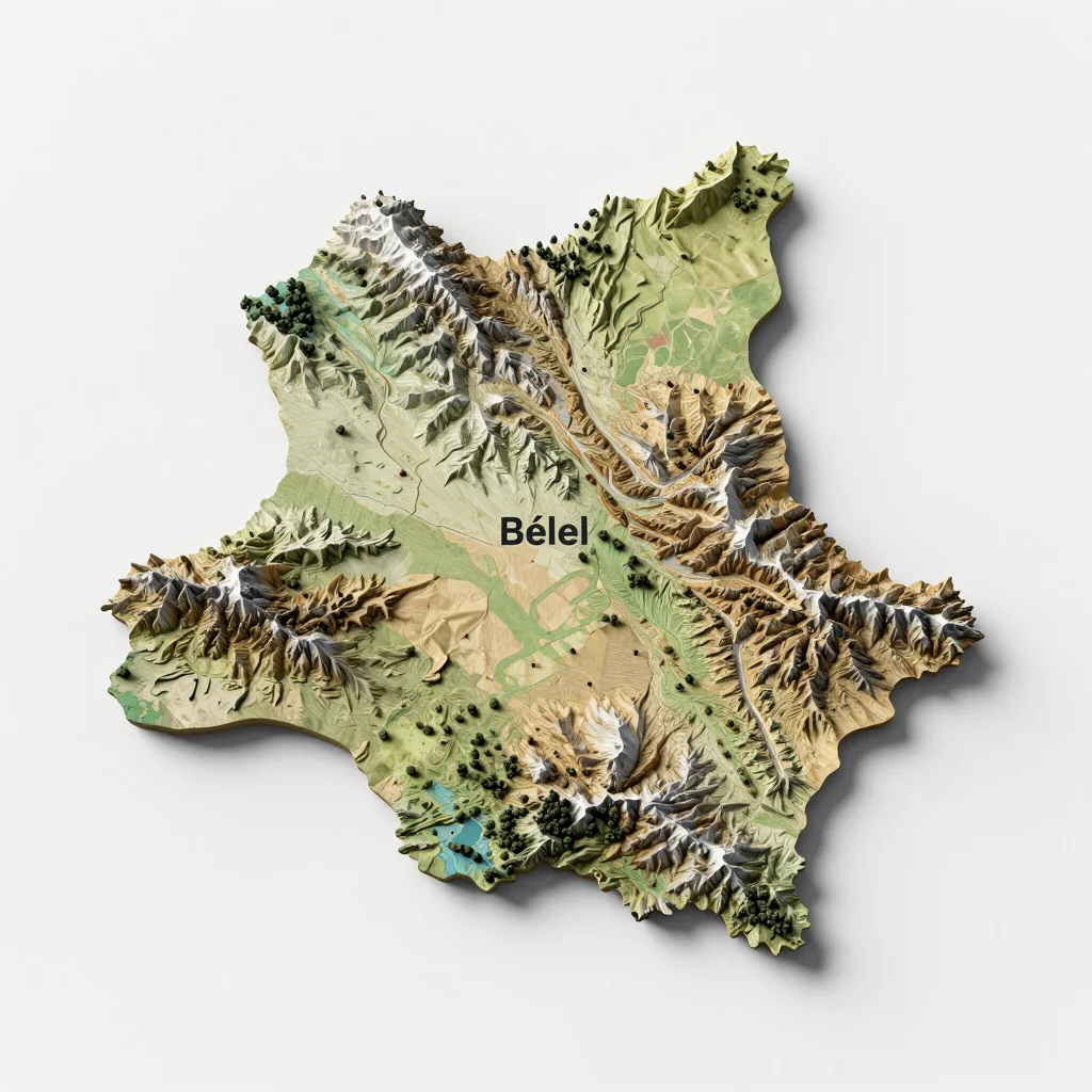 Isometric 3D topographic visualization showing elevation and terrain of Bélel, Cameroon