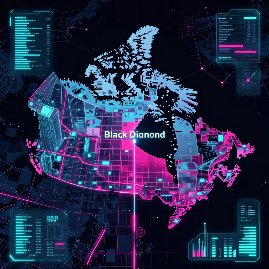 Cyberpunk style digital map of Black Diamond, Canada with neon grid lines and futuristic UI design