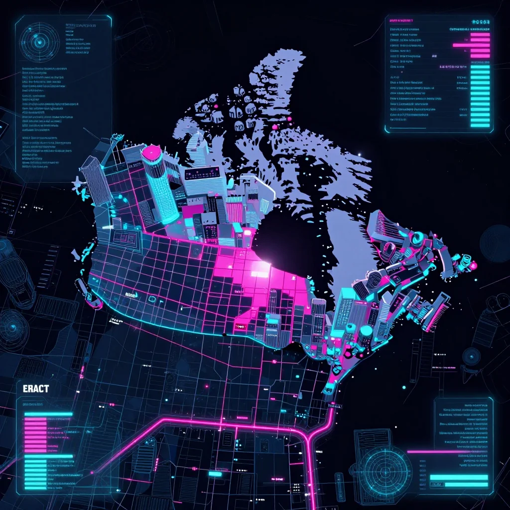 Cyberpunk style digital map of Black Diamond, Canada with neon grid lines and futuristic UI design