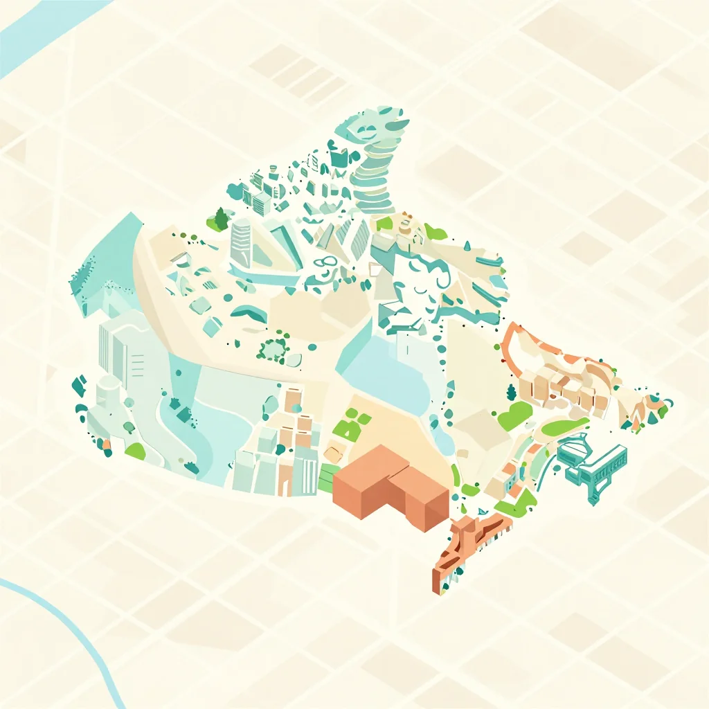 Isometric flat design tourist map of Black Diamond, Canada showing landmarks, attractions, and points of interest