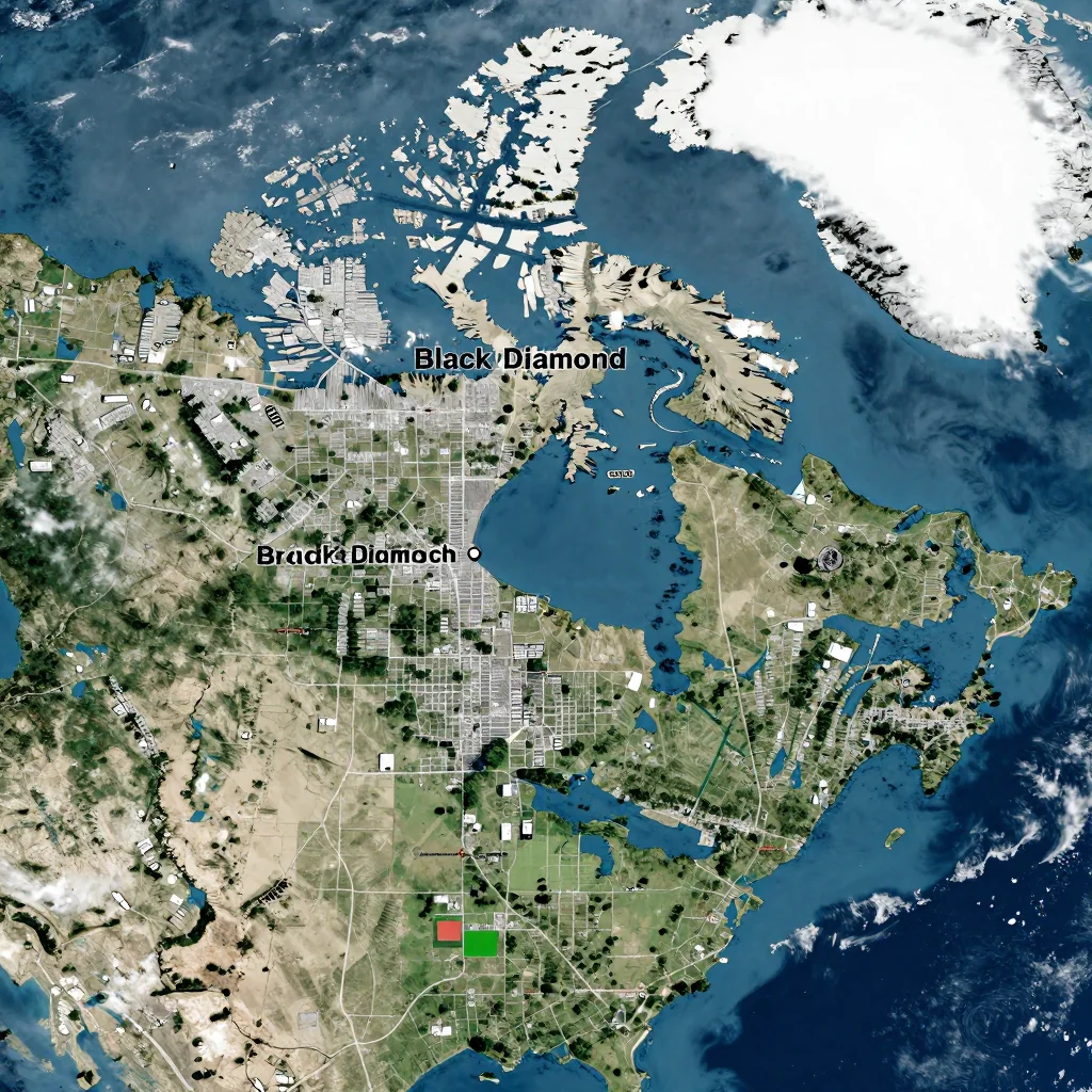 High-resolution satellite image of Black Diamond, Canada showing land cover, urban areas, and natural features from space
