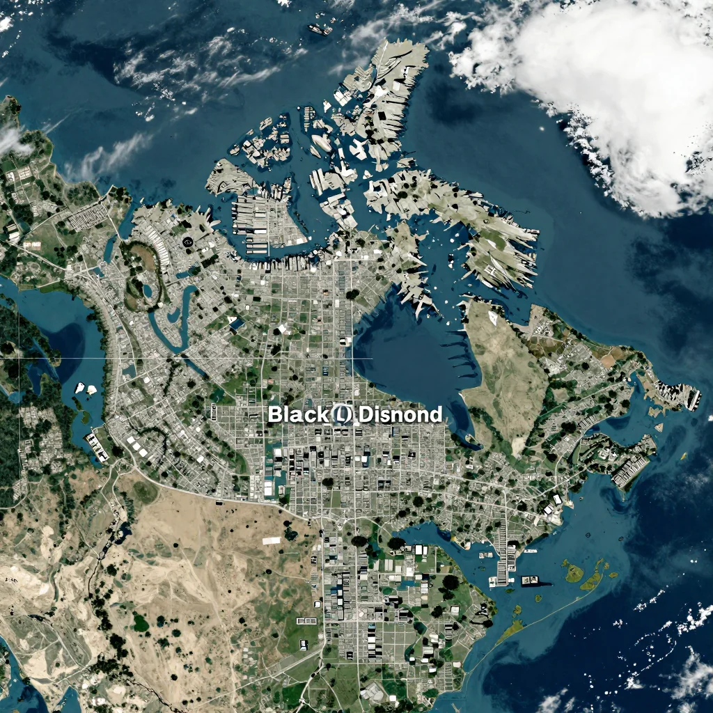 High-resolution satellite image of Black Diamond, Canada showing land cover, urban areas, and natural features from space