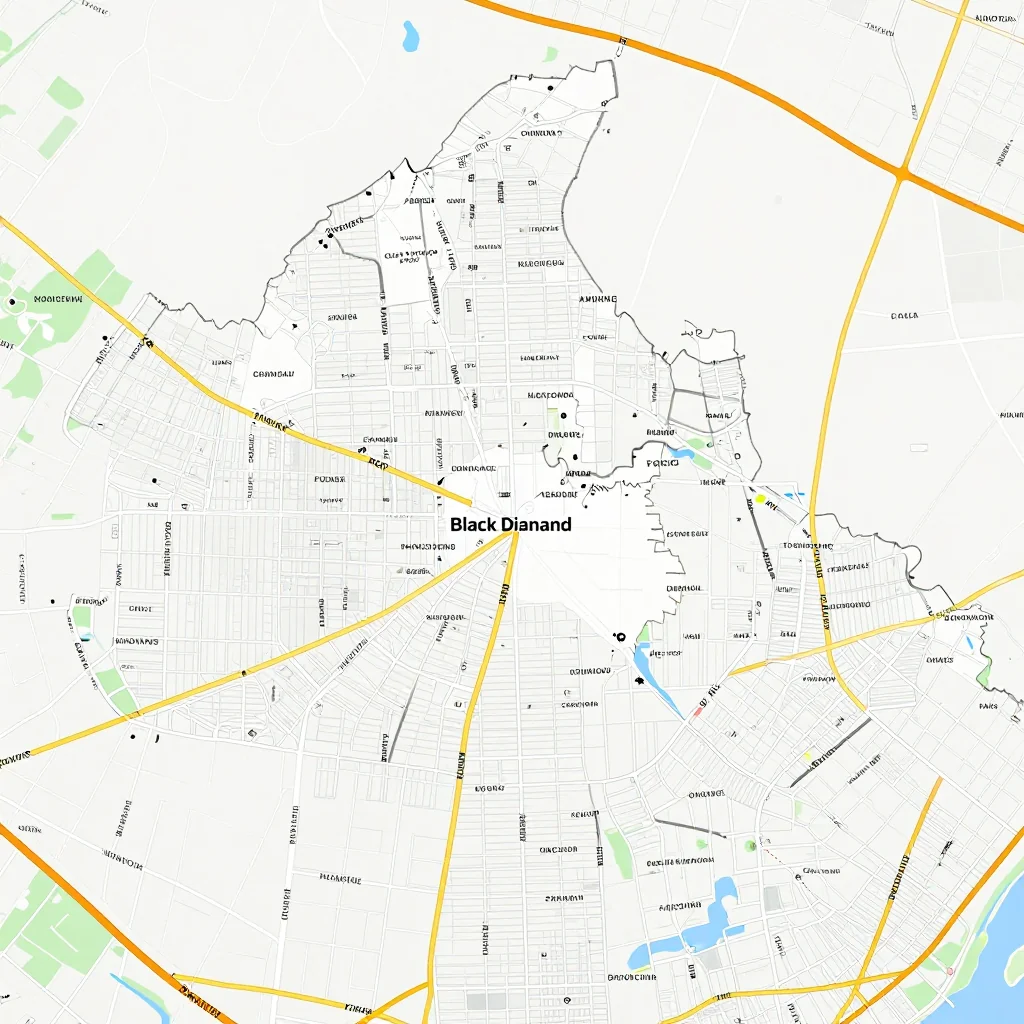 Detailed street map showing roads, highways, neighborhoods, and urban layout of Black Diamond, Canada