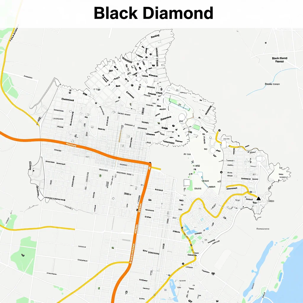 Detailed street map showing roads, highways, neighborhoods, and urban layout of Black Diamond, Canada