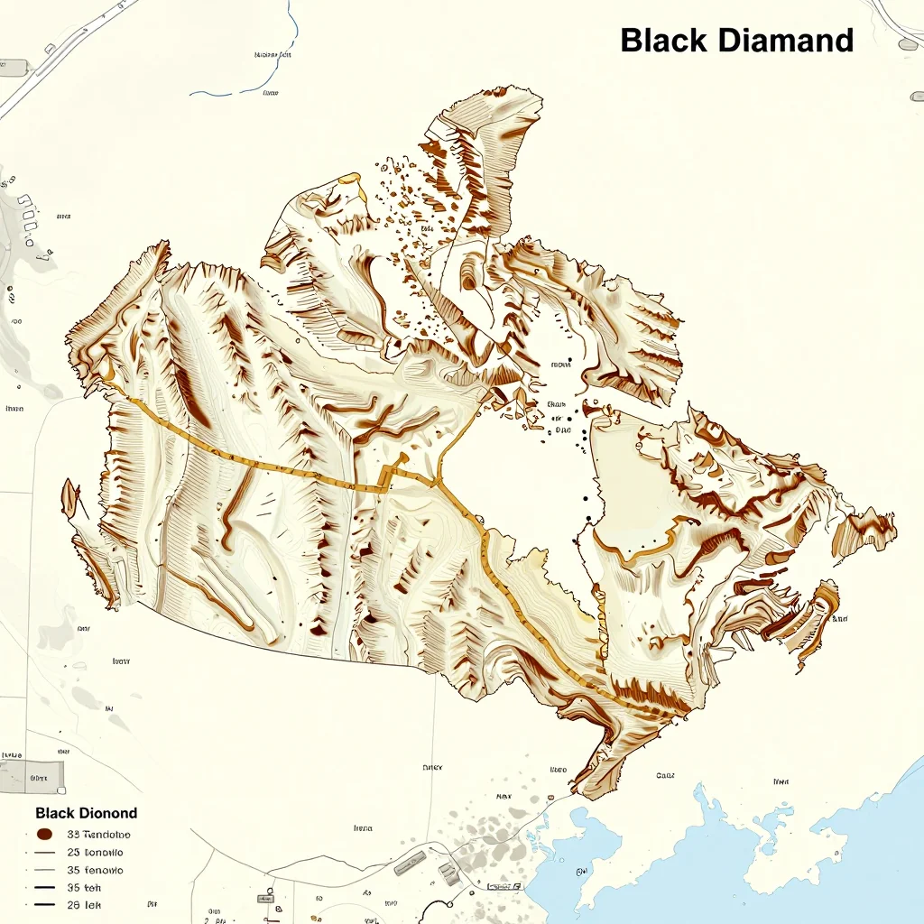 3D topographic map showing elevation contours, mountain ranges, and terrain features of Black Diamond, Canada