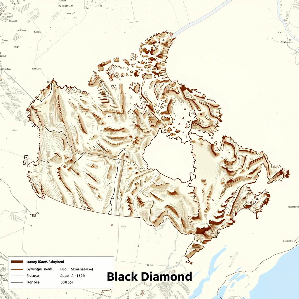 3D topographic map showing elevation contours, mountain ranges, and terrain features of Black Diamond, Canada