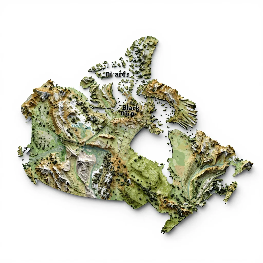 Isometric 3D topographic visualization showing elevation and terrain of Black Diamond, Canada