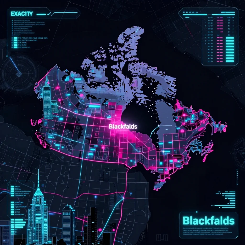 Cyberpunk style digital map of Blackfalds, Canada with neon grid lines and futuristic UI design