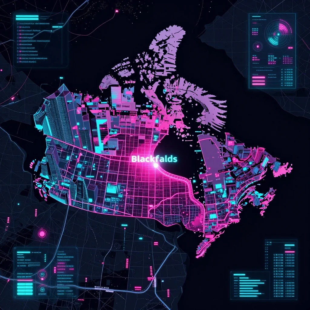 Cyberpunk style digital map of Blackfalds, Canada with neon grid lines and futuristic UI design