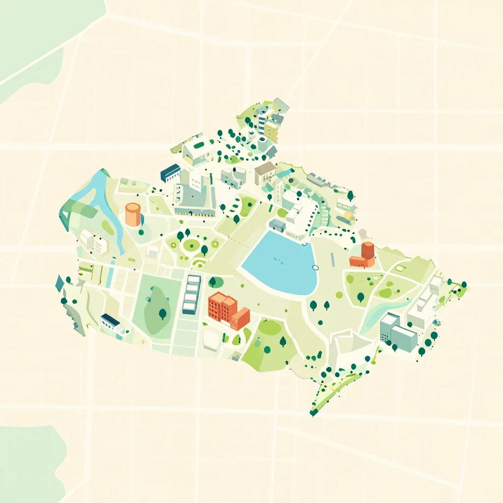 Isometric flat design tourist map of Blackfalds, Canada showing landmarks, attractions, and points of interest