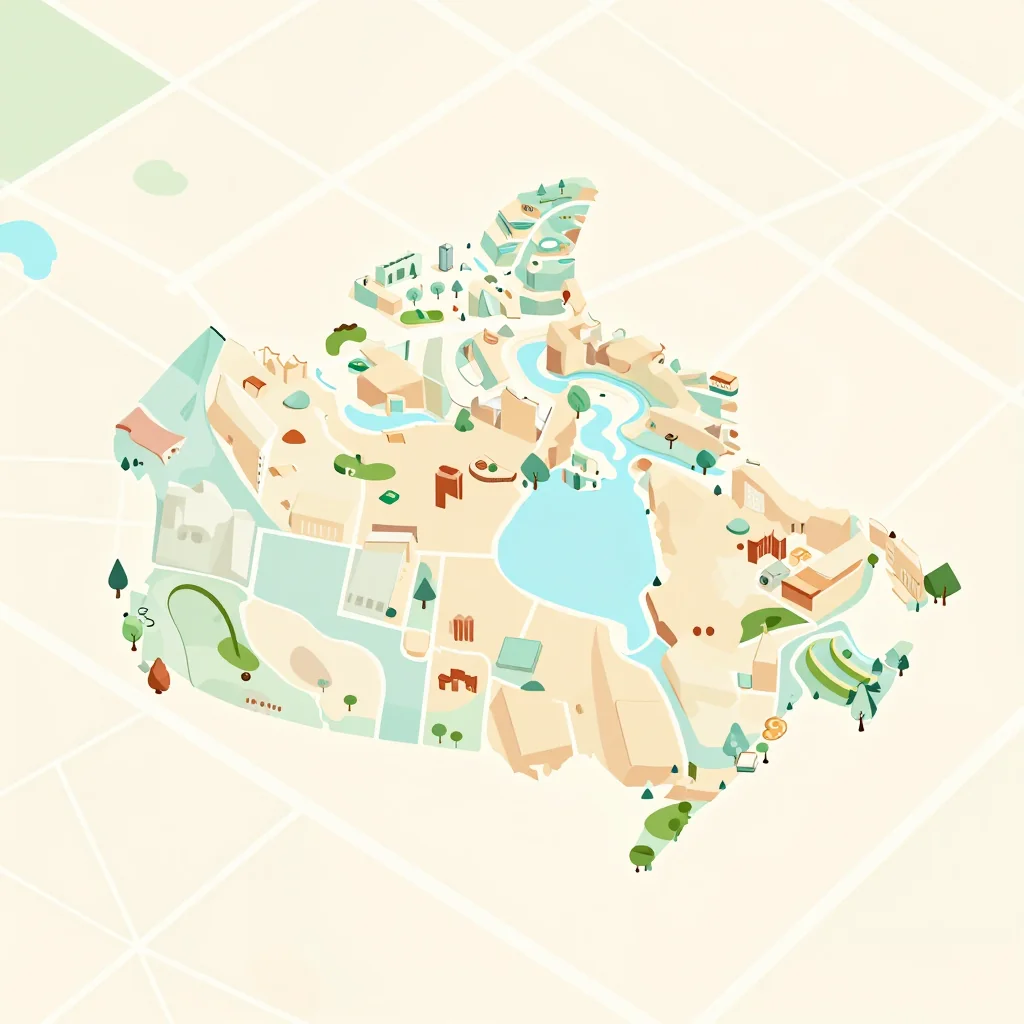 Isometric flat design tourist map of Blackfalds, Canada showing landmarks, attractions, and points of interest