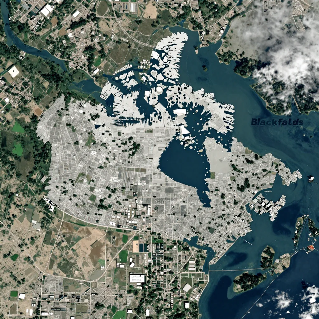High-resolution satellite image of Blackfalds, Canada showing land cover, urban areas, and natural features from space