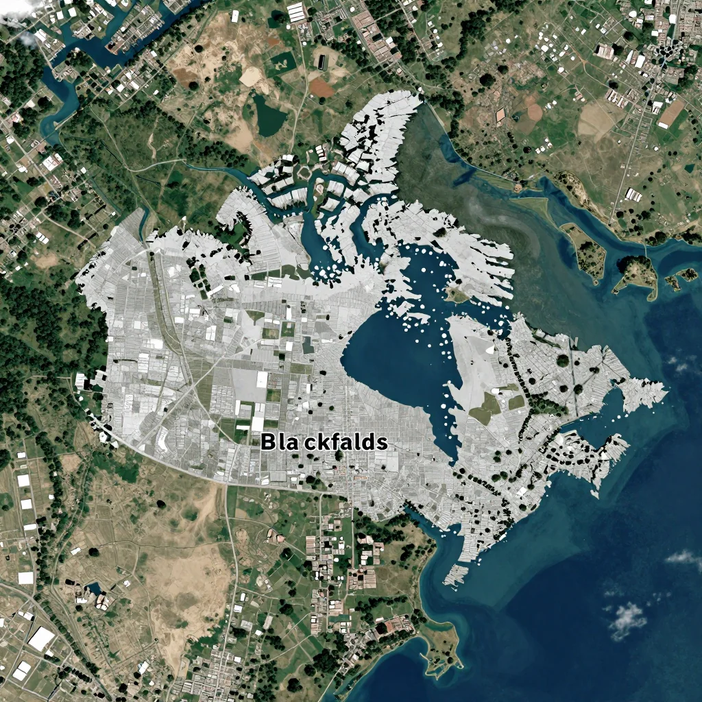 High-resolution satellite image of Blackfalds, Canada showing land cover, urban areas, and natural features from space