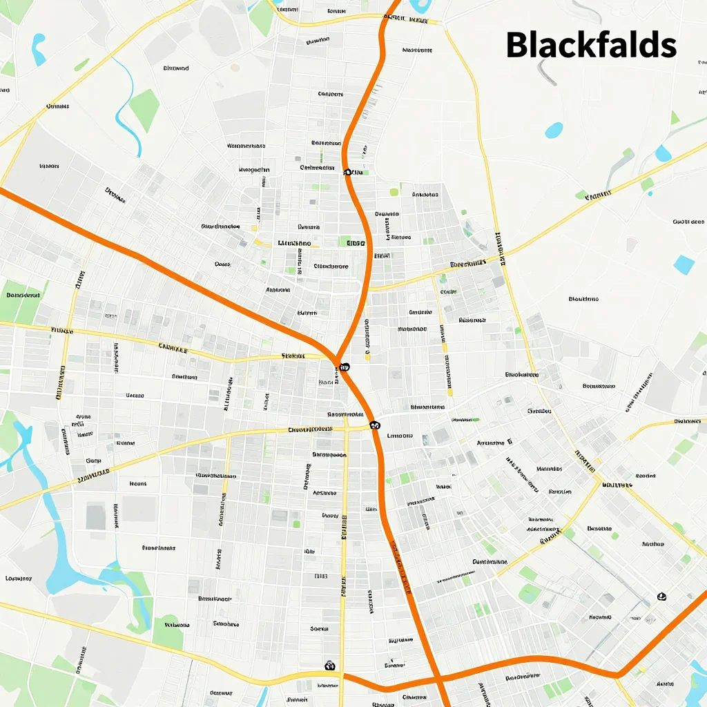 Detailed street map showing roads, highways, neighborhoods, and urban layout of Blackfalds, Canada