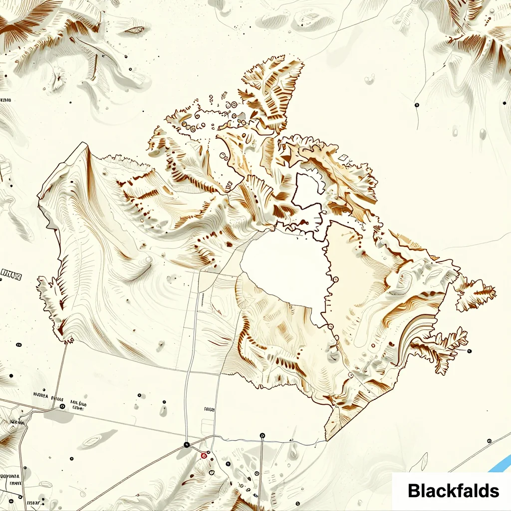 3D topographic map showing elevation contours, mountain ranges, and terrain features of Blackfalds, Canada