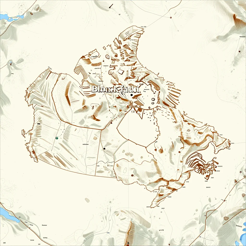 3D topographic map showing elevation contours, mountain ranges, and terrain features of Blackfalds, Canada