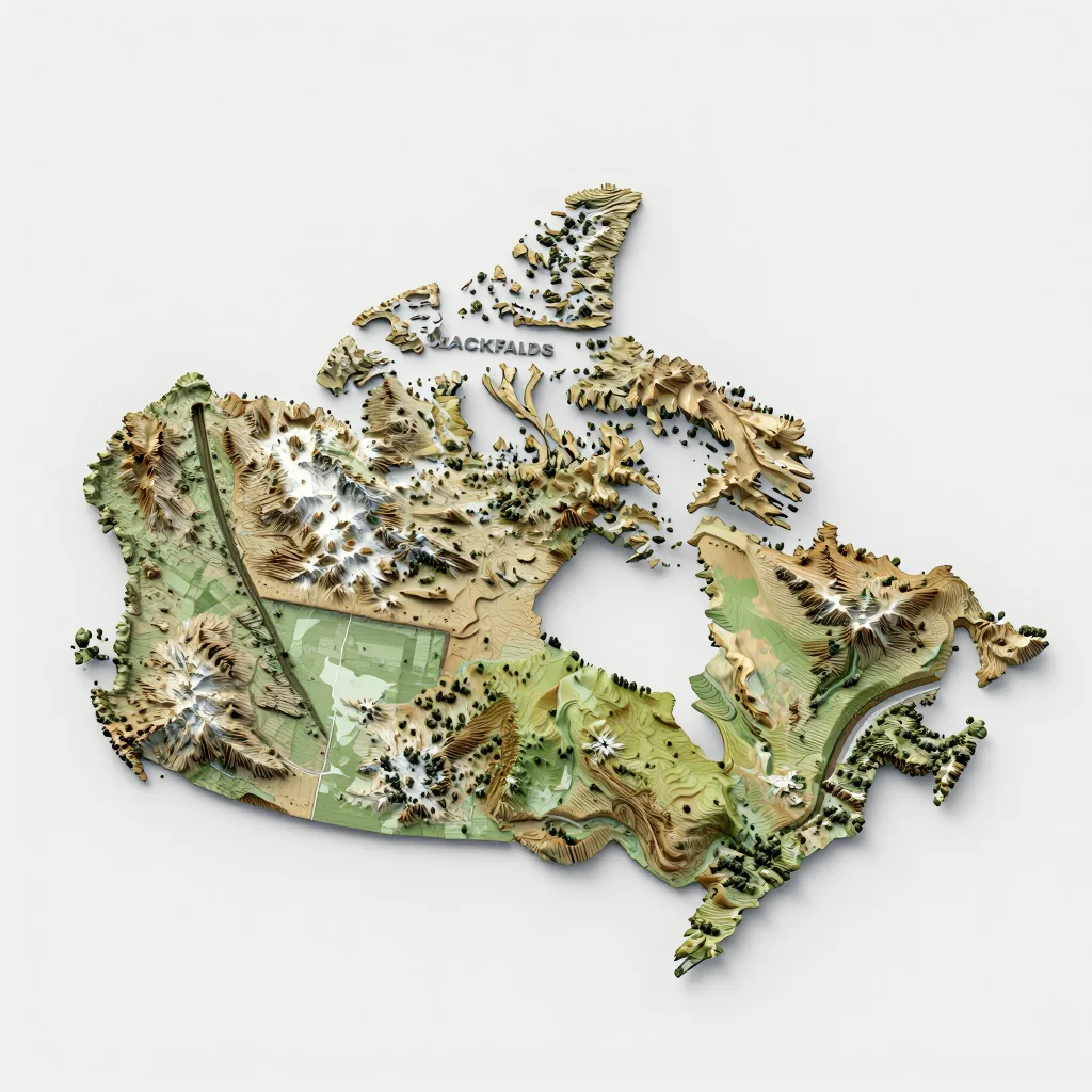 Isometric 3D topographic visualization showing elevation and terrain of Blackfalds, Canada