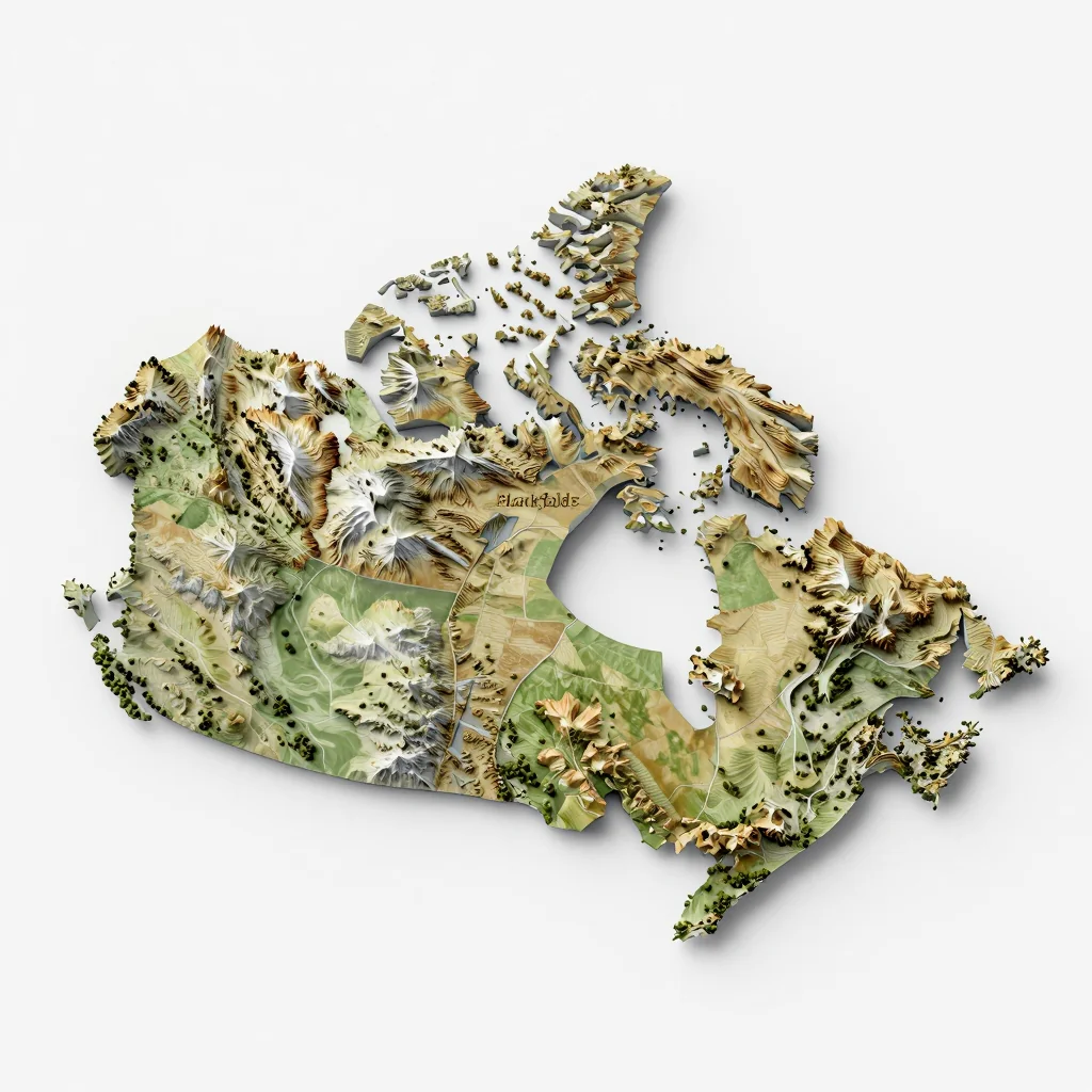 Isometric 3D topographic visualization showing elevation and terrain of Blackfalds, Canada
