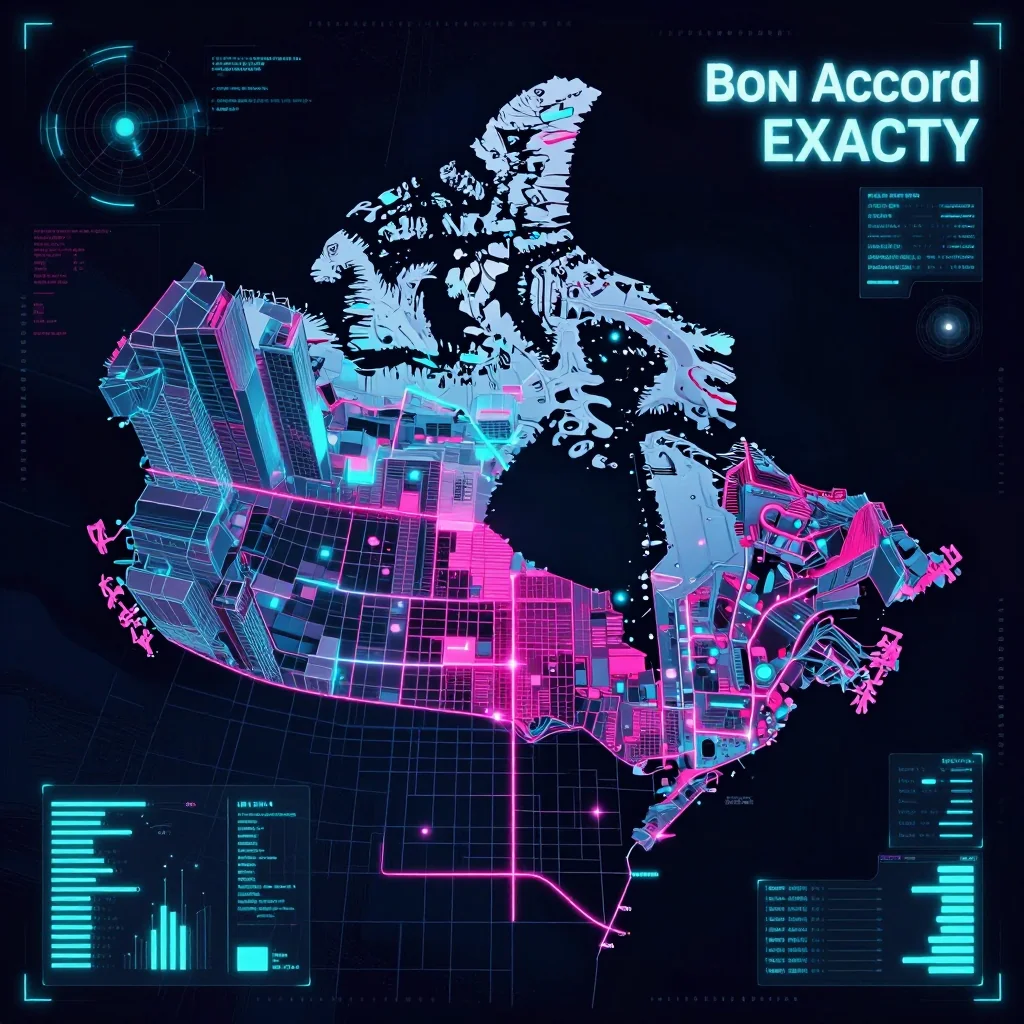 Cyberpunk style digital map of Bon Accord, Canada with neon grid lines and futuristic UI design