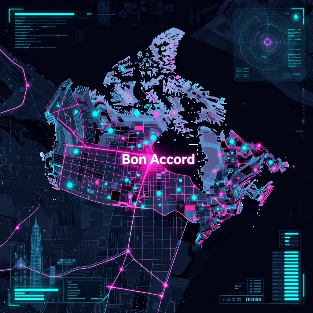 Cyberpunk style digital map of Bon Accord, Canada with neon grid lines and futuristic UI design