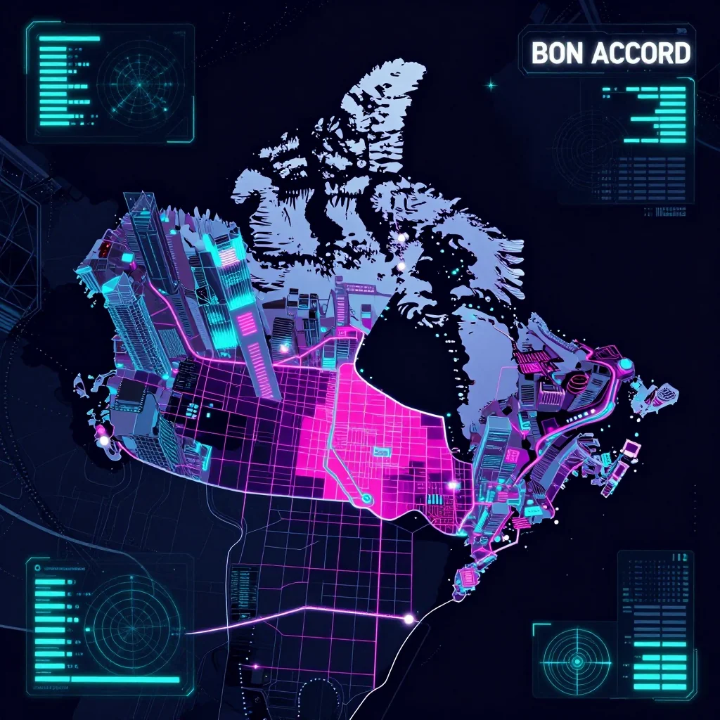 Cyberpunk style digital map of Bon Accord, Canada with neon grid lines and futuristic UI design