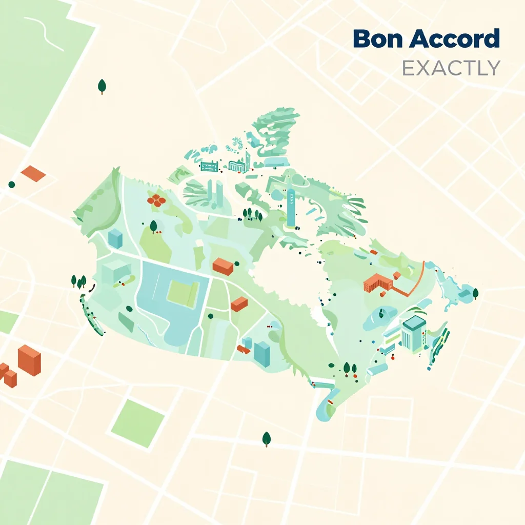Isometric flat design tourist map of Bon Accord, Canada showing landmarks, attractions, and points of interest