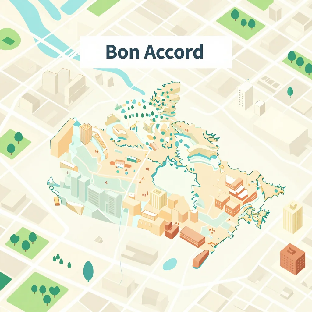 Isometric flat design tourist map of Bon Accord, Canada showing landmarks, attractions, and points of interest