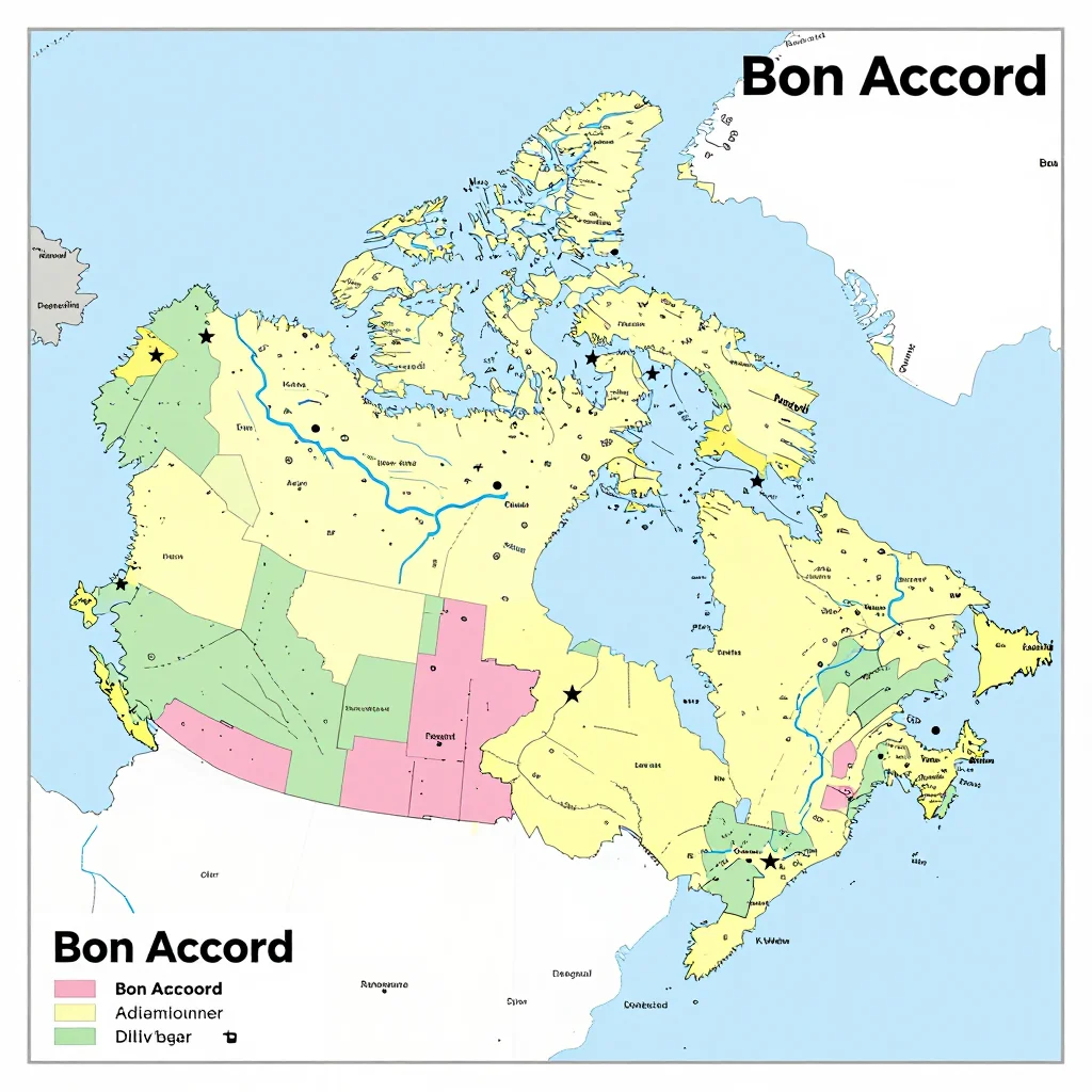 Political map showing borders, administrative divisions, major cities, and capital of Bon Accord, Canada