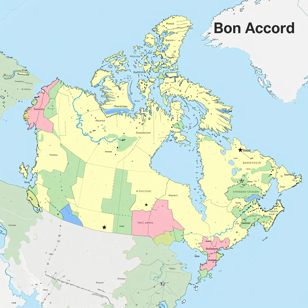Political map showing borders, administrative divisions, major cities, and capital of Bon Accord, Canada