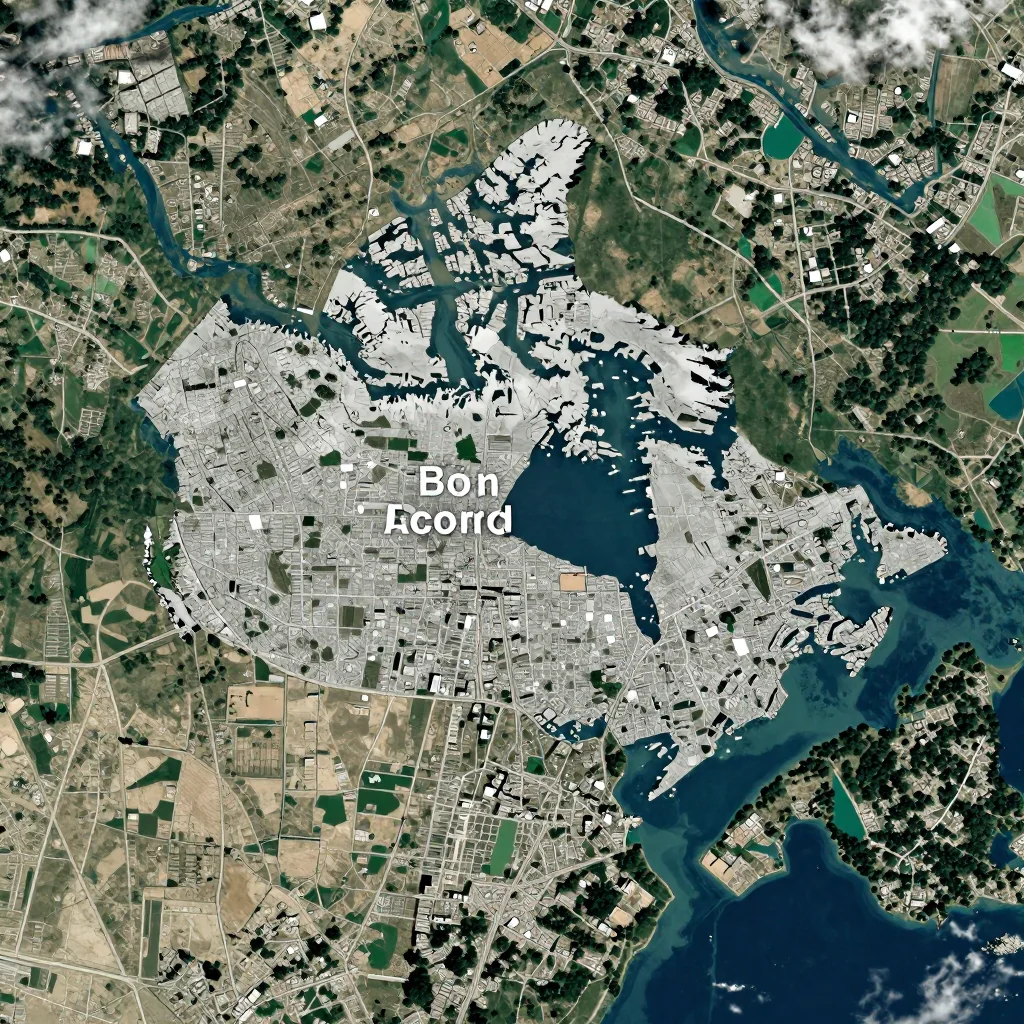 High-resolution satellite image of Bon Accord, Canada showing land cover, urban areas, and natural features from space